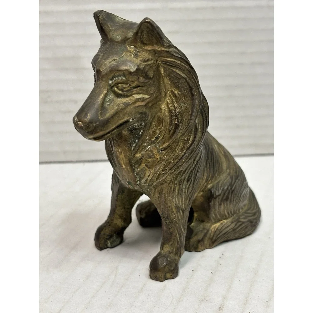 Vintage Solid Brass Collie Dog Figurine Statue Heavy 4